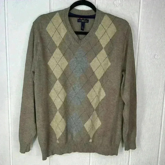 Men’s Club Room 100% Cotton Size Large Argyle V Neck Long Sleeve Sweater - Picture 1 of 6